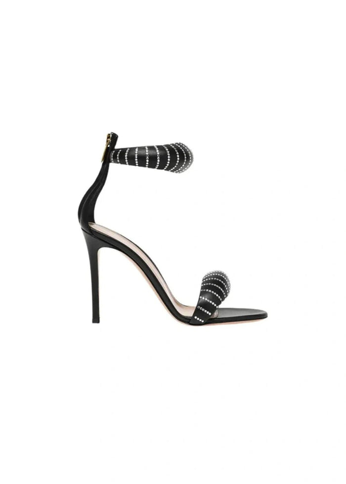 Stylish Black and Gold Leather High Heels & Versatile Gold Sandals Heels with Ankle Strap Open Toe for Every Fashion Moment - Black Floral - PromDressClub