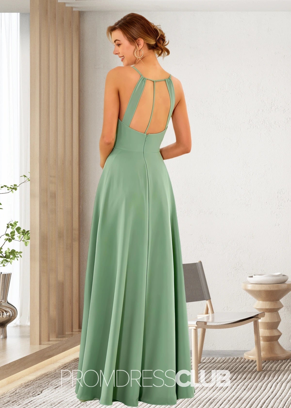 Susie | A Line High Slit Sage Green Chiffon Long Bridesmaid Dress - Sage - PROMDRESS Club