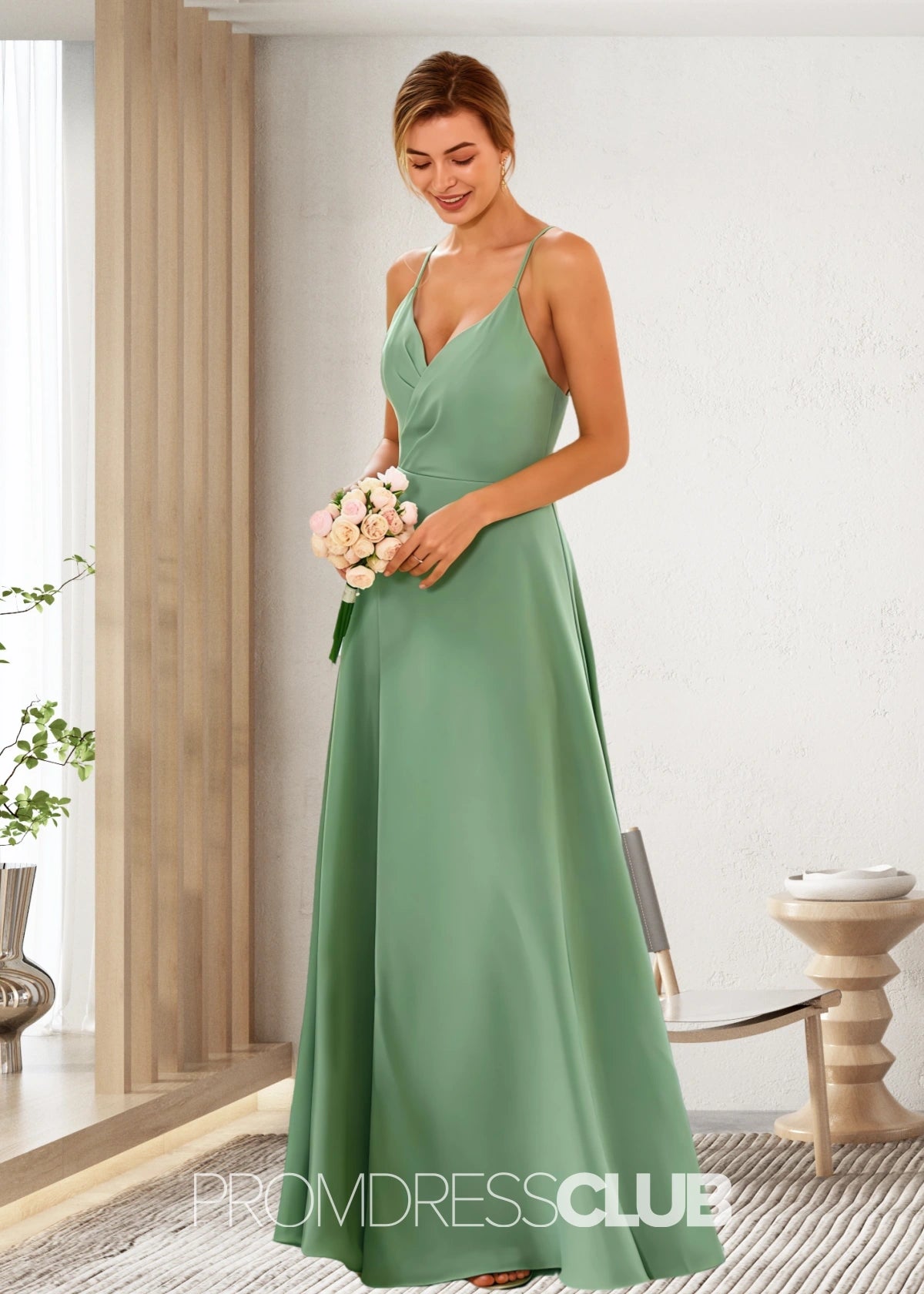 Susie | A Line High Slit Sage Green Chiffon Long Bridesmaid Dress - Sage - PROMDRESS Club