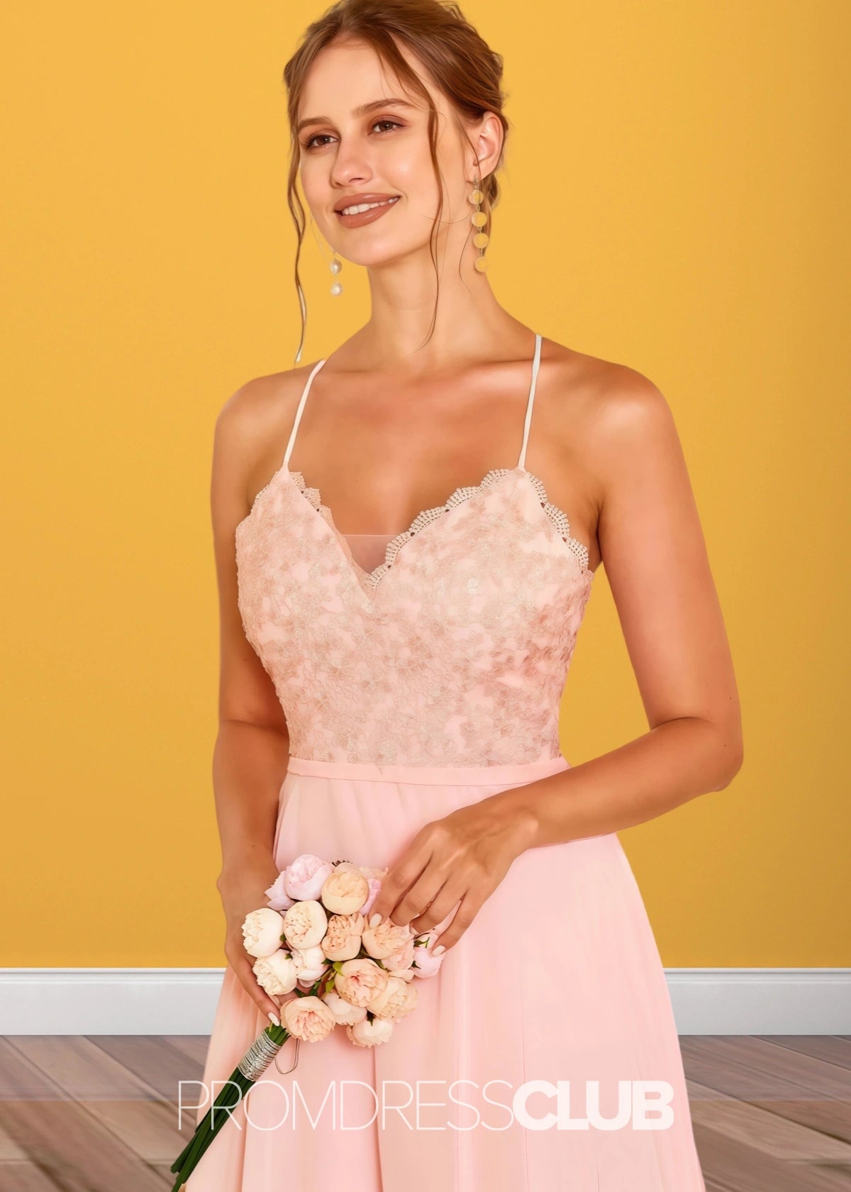 Sylvia | Lace Embroider Blush Chiffon Long Bridesmaid Dress - Blush - PROMDRESS Club