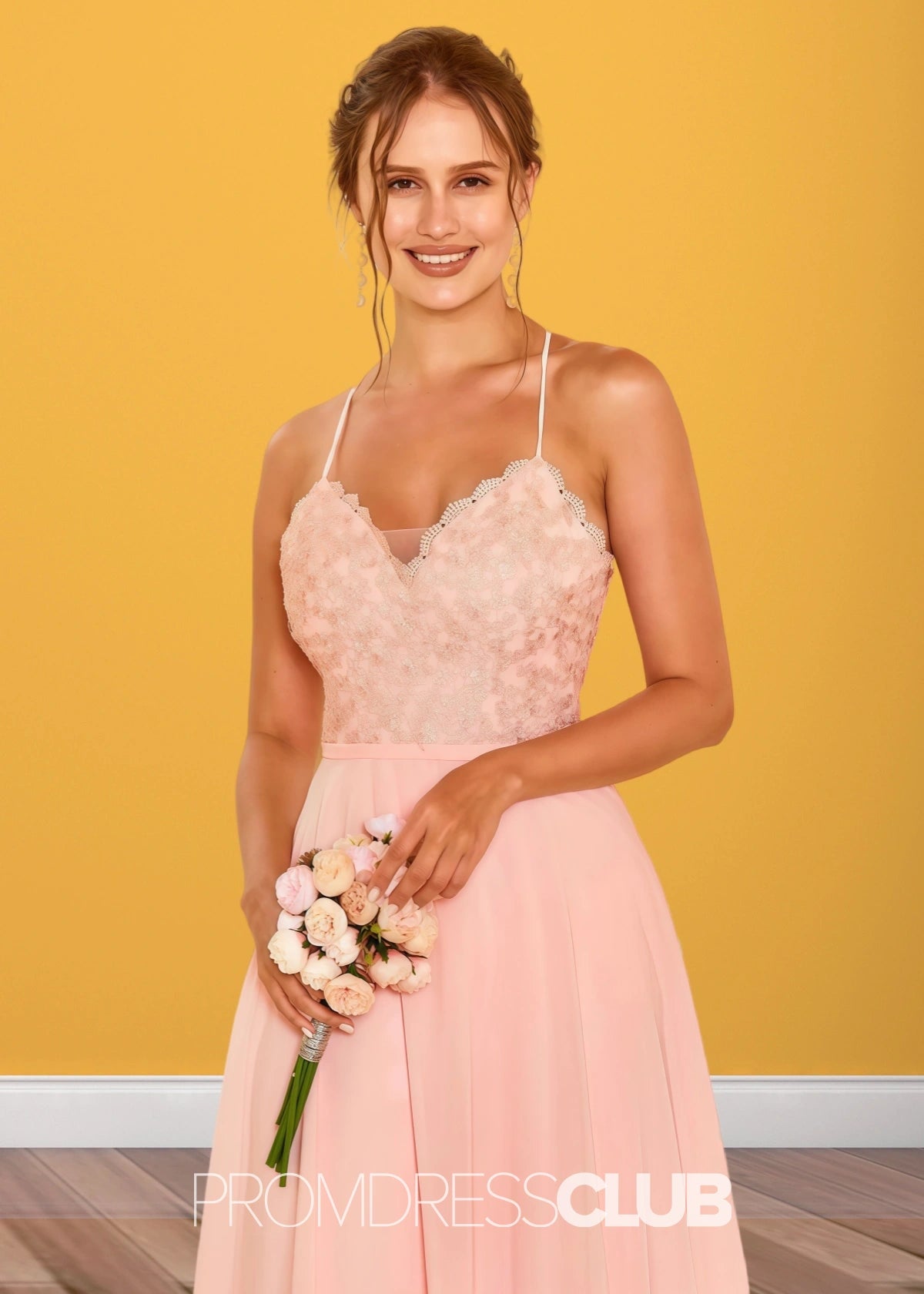 Sylvia | Lace Embroider Blush Chiffon Long Bridesmaid Dress - Blush - PROMDRESS Club