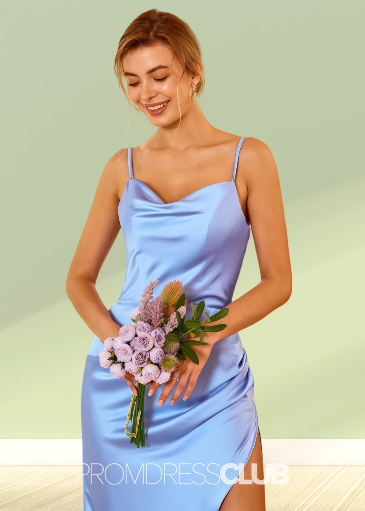 Tabitha | Sheath Column Blue Satin Long Bridesmaid Dress with Slit - Blue - PROMDRESS Club