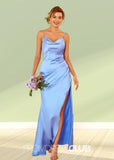 Tabitha | Sheath Column Blue Satin Long Bridesmaid Dress with Slit - Blue - PROMDRESS Club