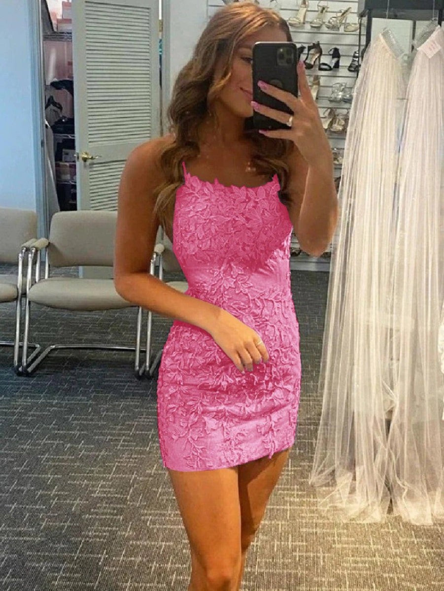 Tammy |Sheath Spaghetti Straps Lace Short Sky Blue Homecoming Dress With Criss Cross Lace - up Back - Pink - PromDressClub