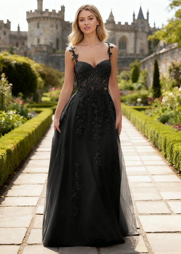 Tansy Black Lace Beaded Prom Dress | A - Line Sweetheart Neckline Corset Tulle Slit Gown - Black - PromDressClub