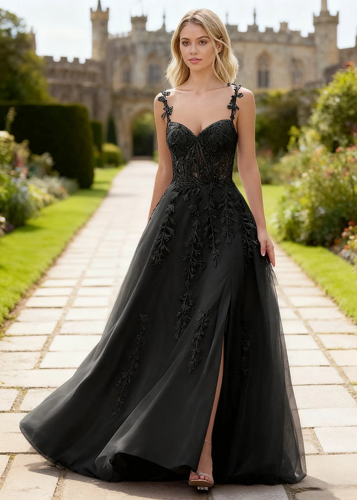 Tansy Black Lace Beaded Prom Dress | A - Line Sweetheart Neckline Corset Tulle Slit Gown - Black - PromDressClub