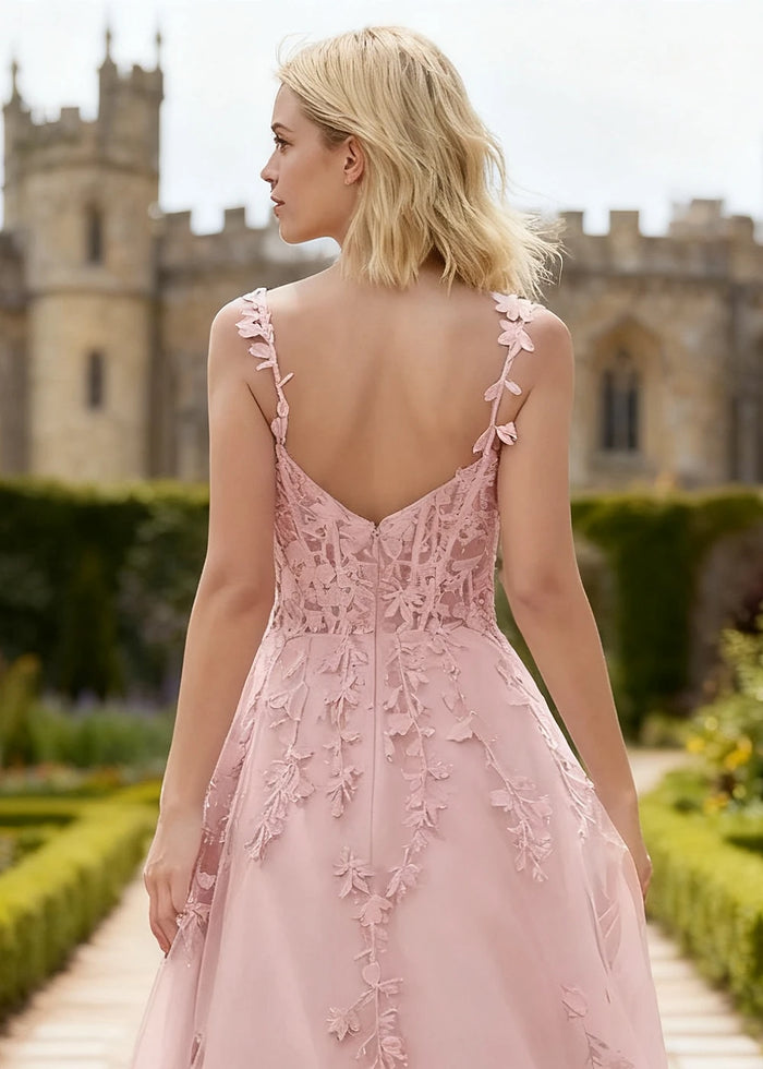 Tansy Blush Pink Lace Beaded Prom Dress | A - Line Sweetheart Neckline Corset Tulle Slit Gown - Blush - PromDressClub