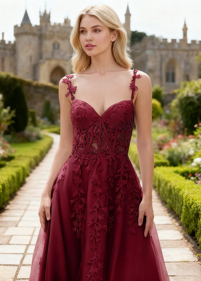 Tansy Burgundy Lace Beaded Prom Dress | A - Line Sweetheart Neckline Corset Tulle Slit Gown - Burgundy - PromDressClub