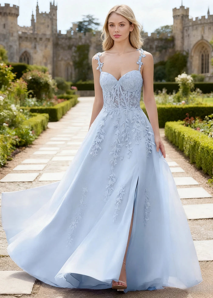 Tansy Sky Blue Lace Beaded Prom Dress | A - Line Sweetheart Neckline Corset Tulle Slit Gown - Sky Blue - PromDressClub