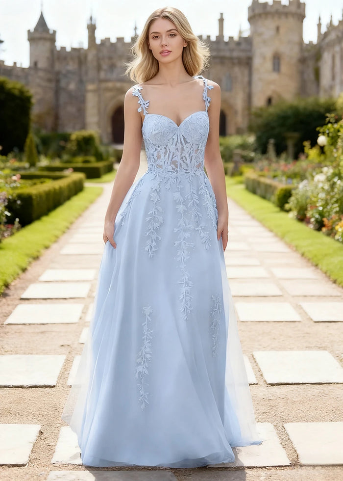 Tansy Sky Blue Lace Beaded Prom Dress | A - Line Sweetheart Neckline Corset Tulle Slit Gown - Sky Blue - PromDressClub