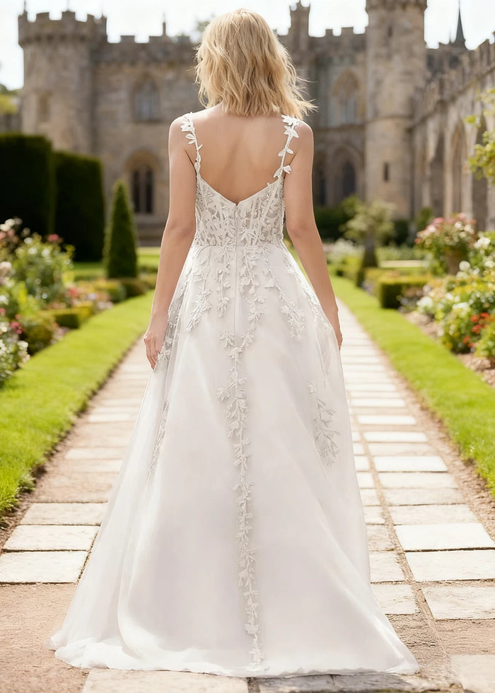 Tansy White Lace Beaded Prom Dress | A - Line Sweetheart Neckline Corset Tulle Slit Gown - White - PromDressClub