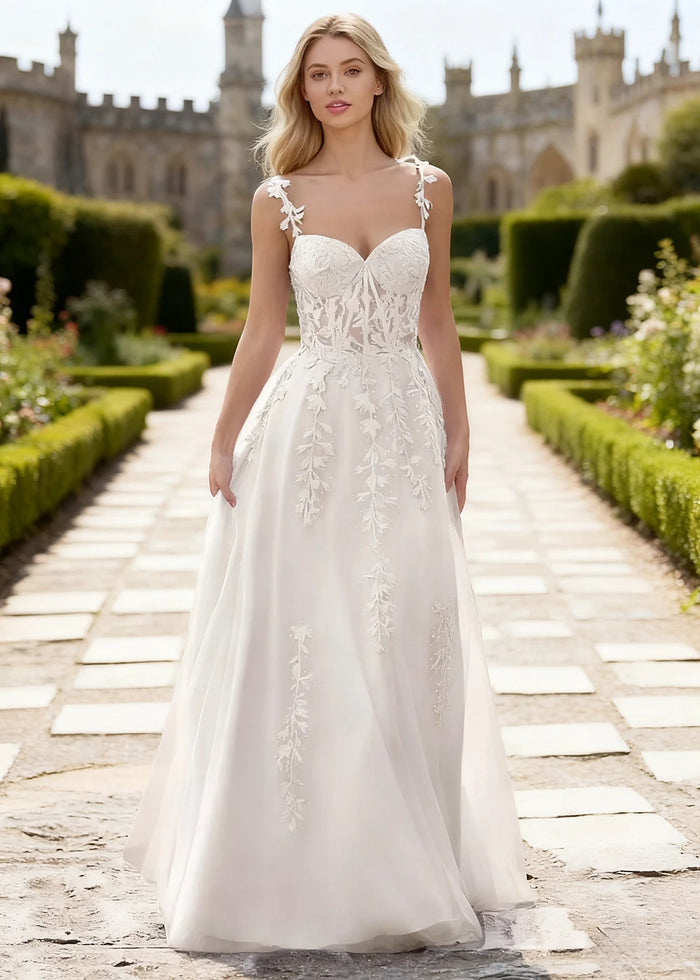 Tansy White Lace Beaded Prom Dress | A - Line Sweetheart Neckline Corset Tulle Slit Gown - White - PromDressClub