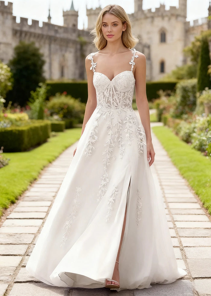 Tansy White Lace Beaded Prom Dress | A - Line Sweetheart Neckline Corset Tulle Slit Gown - White - PromDressClub