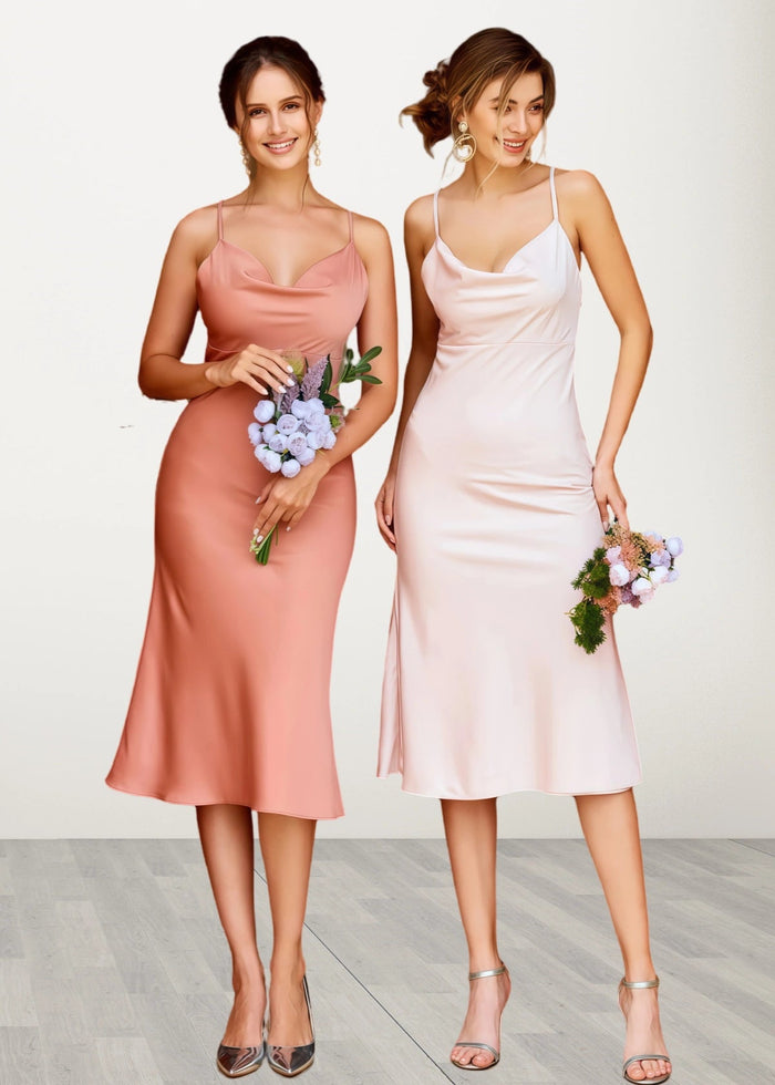 Thera | Sheath Column Slip Rose Satin Midi Bridesmaid Dress with Spaghetti Straps - Price #price_variant_lowest# - Light Pink - PromDressClub