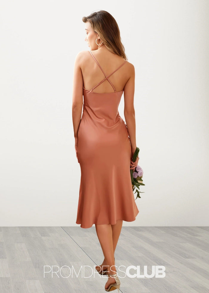 Thera | Sheath Column Slip Rose Satin Midi Bridesmaid Dress with Spaghetti Straps - Price #price_variant_lowest# - RosyBrown - PromDressClub