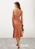 Thera | Sheath Column Slip Rose Satin Midi Bridesmaid Dress with Spaghetti Straps - Rose Gold - PROMDRESS Club