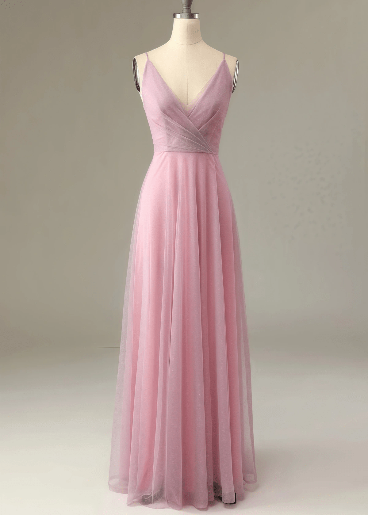 Theresa | A Line Corset Grey Tulle Long Bridesmaid Dress - Pink - PROMDRESS Club