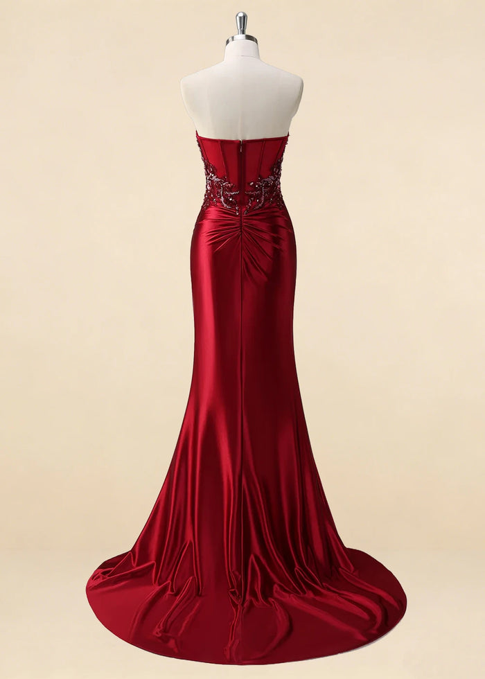Thora Burgundy Strapless Mermaid Prom Dress | Sequin Corset Pleated Cocktail Dress with Slit - Burgundy - PromDressClub
