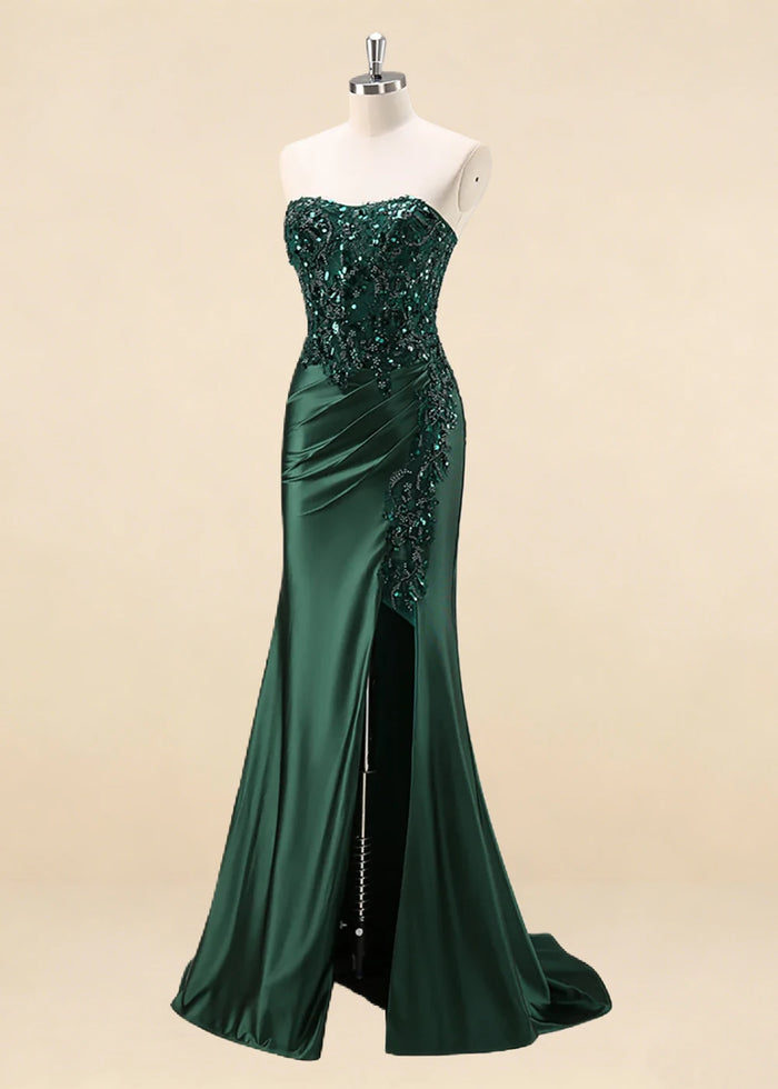 Thora Dark Green Strapless Mermaid Prom Dress | Sequin Corset Pleated Cocktail Dress with Slit - Dark Green - PromDressClub