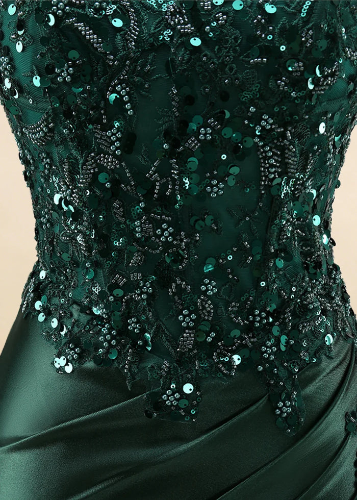 Thora Dark Green Strapless Mermaid Prom Dress | Sequin Corset Pleated Cocktail Dress with Slit - Dark Green - PromDressClub