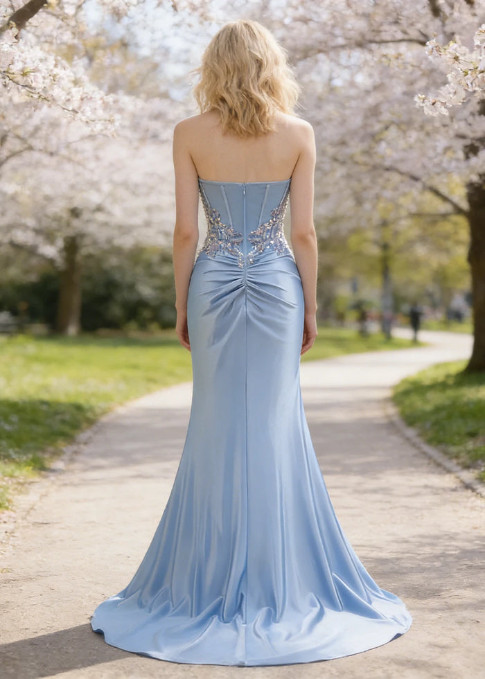 Thora Light Blue Strapless Mermaid Prom Dress | Sequin Corset Pleated Cocktail Dress with Slit - Light Blue - PromDressClub