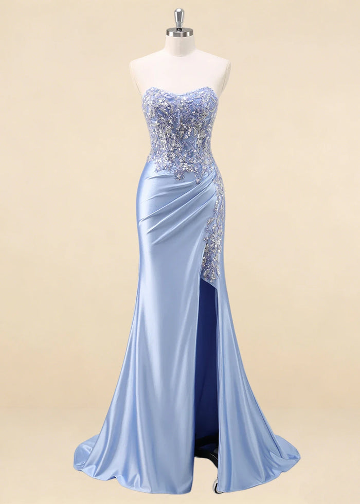 Thora Light Blue Strapless Mermaid Prom Dress | Sequin Corset Pleated Cocktail Dress with Slit - Light Blue - PromDressClub