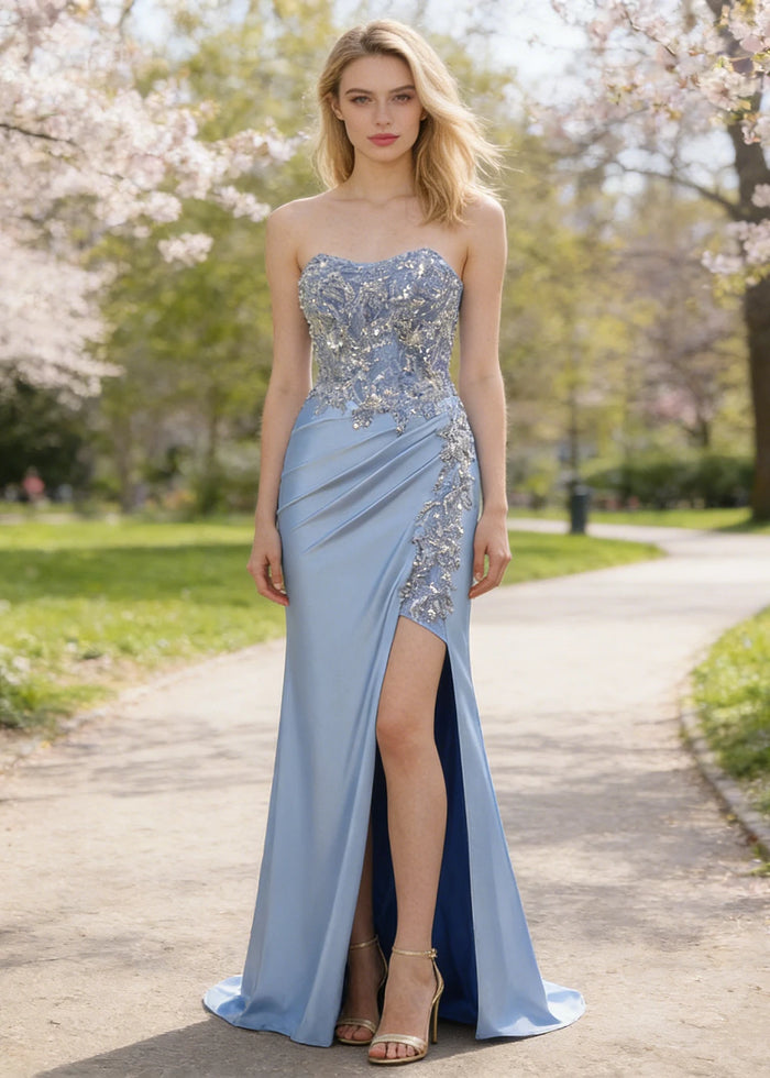 Thora Light Blue Strapless Mermaid Prom Dress | Sequin Corset Pleated Cocktail Dress with Slit - Light Blue - PromDressClub