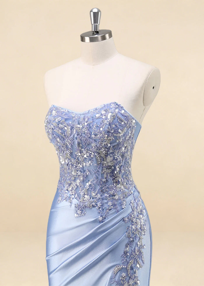 Thora Light Blue Strapless Mermaid Prom Dress | Sequin Corset Pleated Cocktail Dress with Slit - Light Blue - PromDressClub