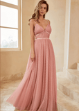 Tina | A Line Polka Dots Ruffles Pink Tulle Long Bridesmaid Dress - Pink - PROMDRESS Club