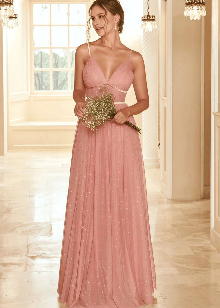 Tina | A Line Polka Dots Ruffles Pink Tulle Long Bridesmaid Dress - Price #price_variant_lowest# - Pink - PromDressClub