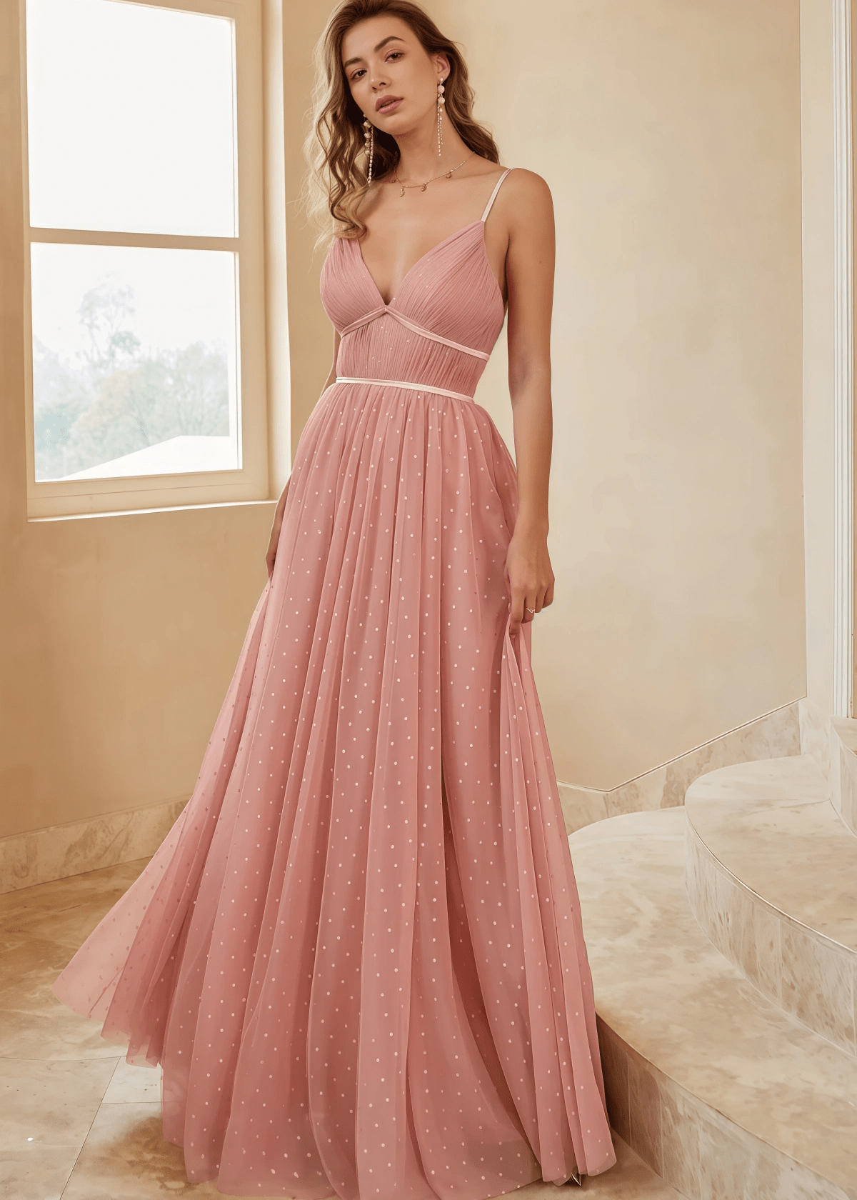 Tina | A Line Polka Dots Ruffles Pink Tulle Long Bridesmaid Dress - Pink - PROMDRESS Club