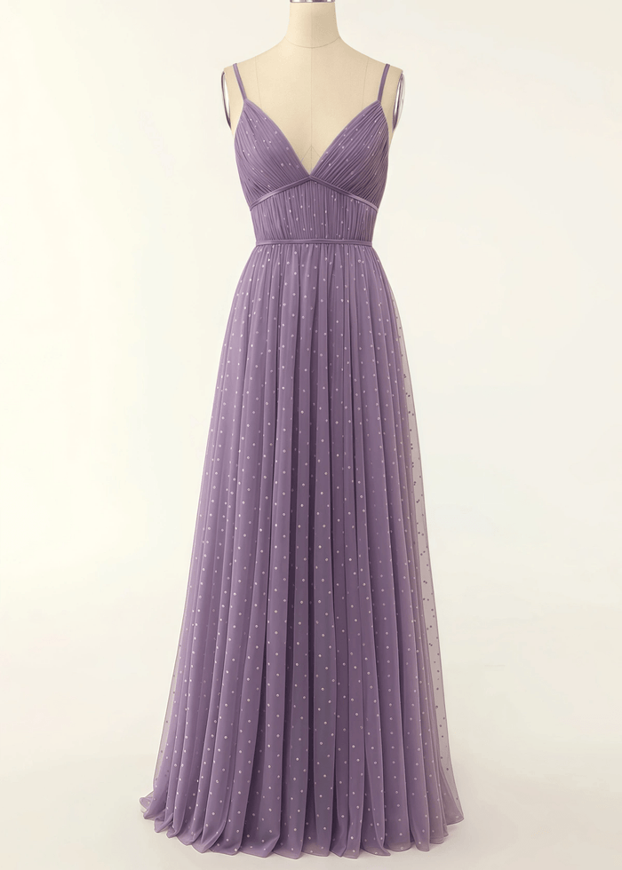 Tina | A Line Polka Dots Ruffles Pink Tulle Long Bridesmaid Dress - Price #price_variant_lowest# - Purple - PromDressClub