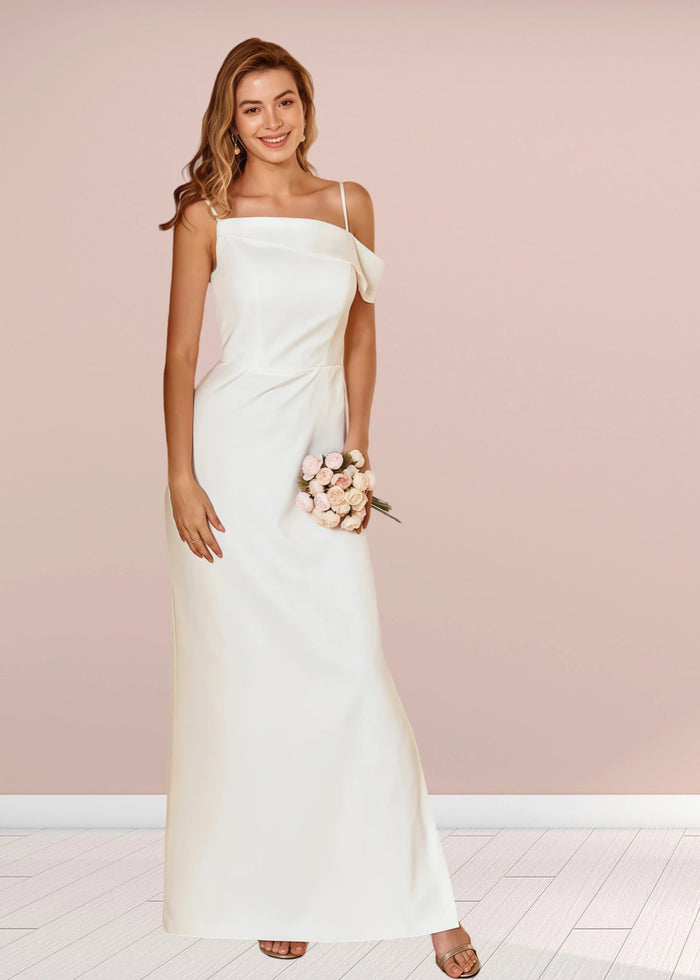 Tracy | Sheath Column Asymmetric White Satin Long Bridesmaid Dress - Price #price_variant_lowest# - White - PromDressClub