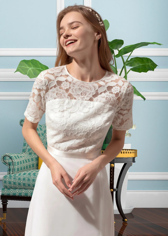 Truda | A Line Corset Lace Embroider White Chiffon Midi Formal Dress - Price #price_variant_lowest# - White - PromDressClub