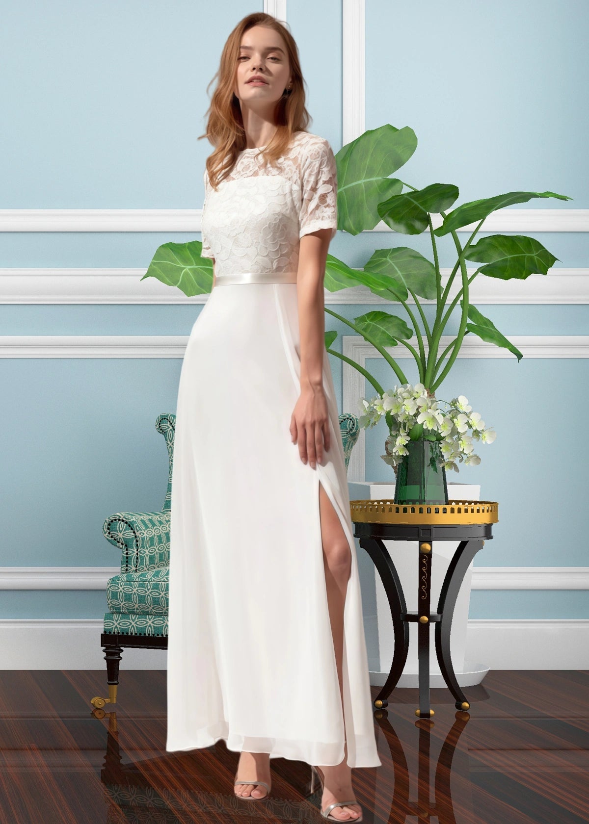 Truda | A Line Corset Lace Embroider White Chiffon Midi Formal Dress - White - PROMDRESS Club