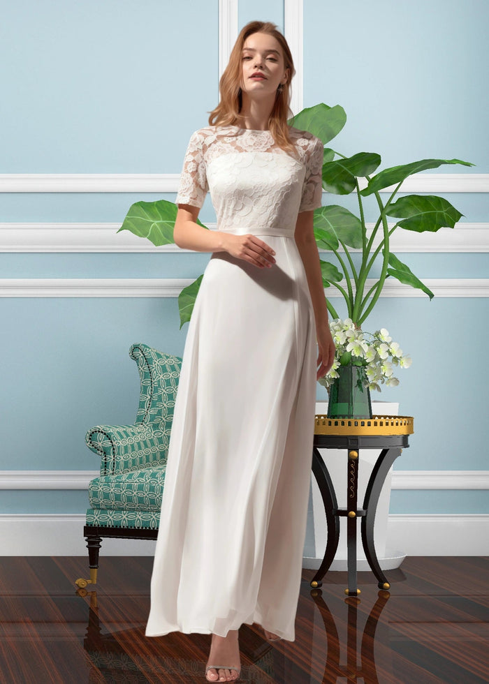 Truda | A Line Corset Lace Embroider White Chiffon Midi Formal Dress - Price #price_variant_lowest# - White - PromDressClub