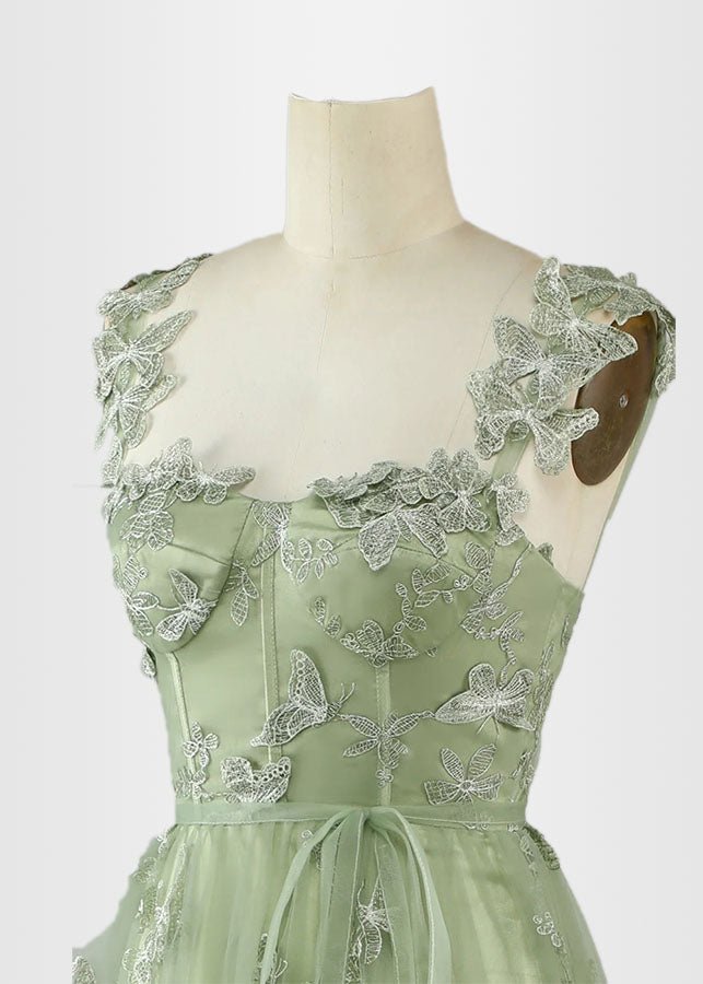 Hermosa | Green Prom Dresses Long A Line Long Tulle Corset with 3D Butterflies - Sage Green - PromDressClub