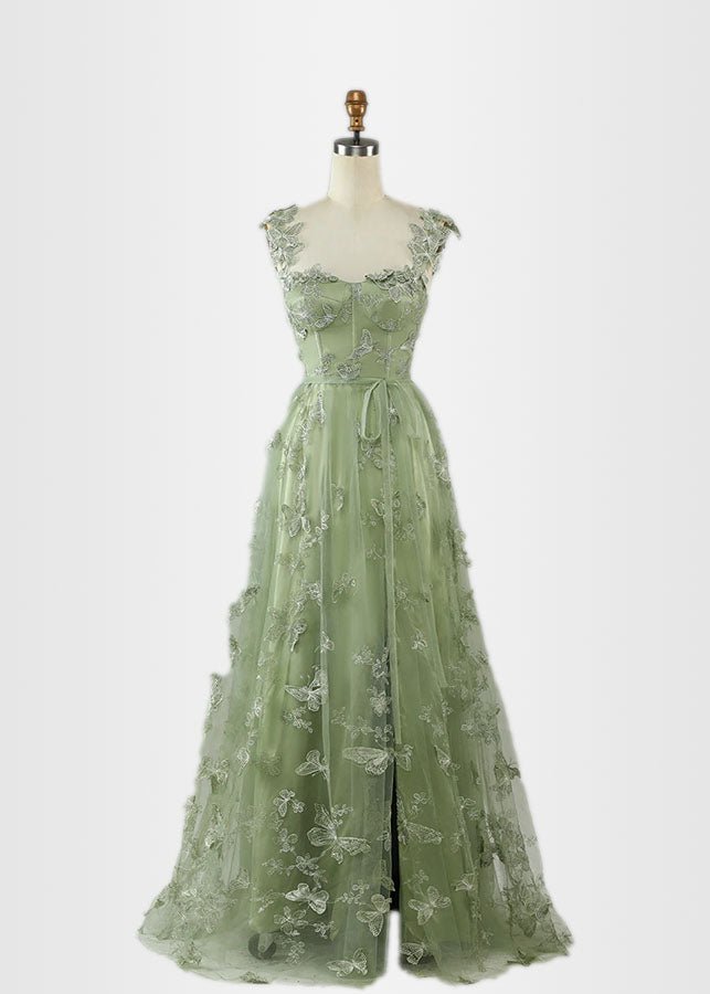 Hermosa | Green Prom Dresses Long A Line Long Tulle Corset with 3D Butterflies - Sage Green - PromDressClub