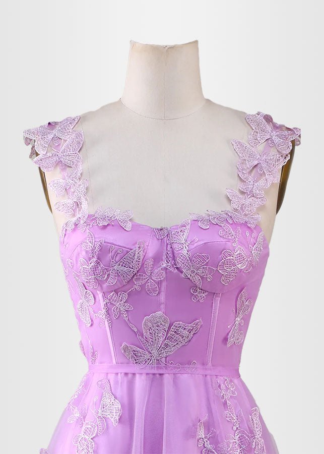 Hermosa | Green Prom Dresses Long A Line Long Tulle Corset with 3D Butterflies - Light Purple - PromDressClub