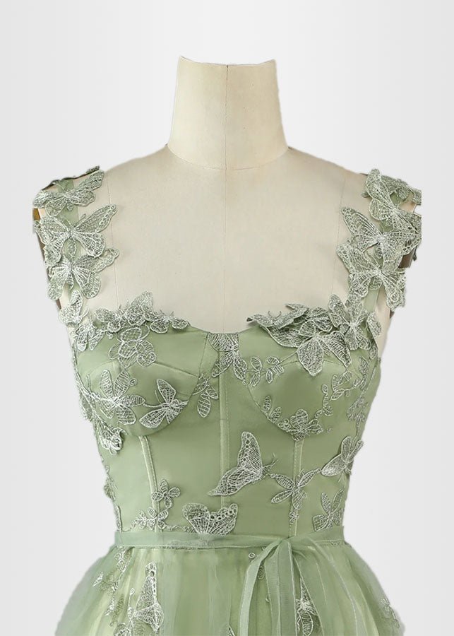 Hermosa | Green Prom Dresses Long A Line Long Tulle Corset with 3D Butterflies - Sage Green - PromDressClub