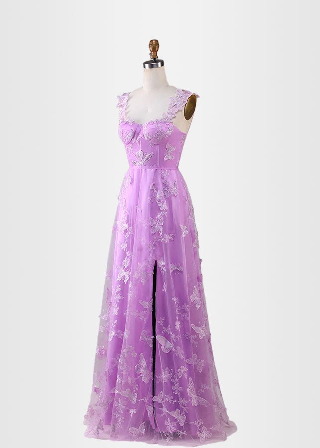 Hermosa | Green Prom Dresses Long A Line Long Tulle Corset with 3D Butterflies - Light Purple - PromDressClub