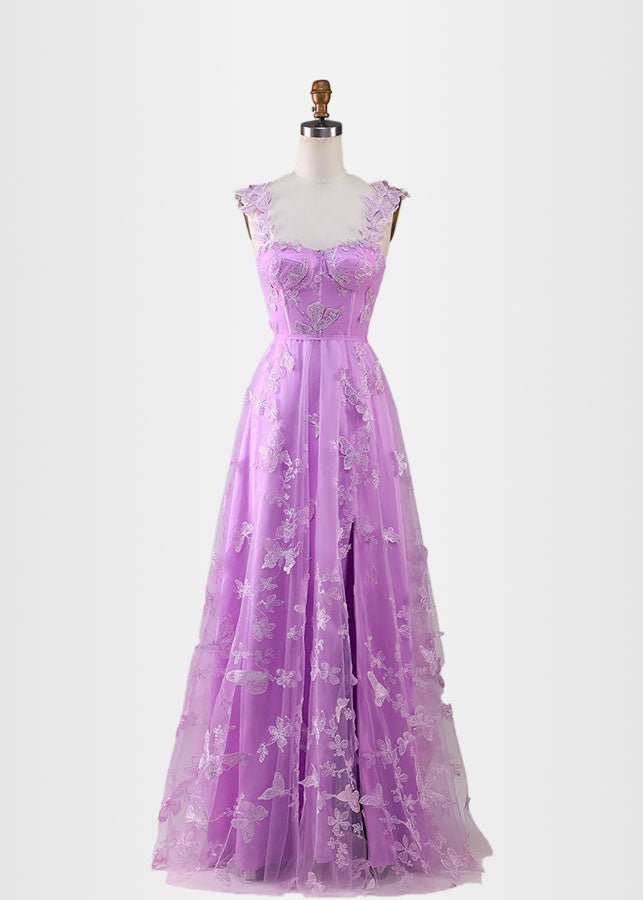 Hermosa | Green Prom Dresses Long A Line Long Tulle Corset with 3D Butterflies - Light Purple - PromDressClub