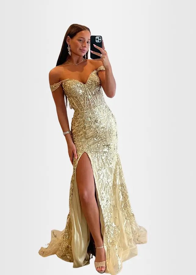 Hilary | Fuchsia Prom Dress Long Mermaid Off the Shoulder Sequins Corset with Slit - Gold - PromDressClub