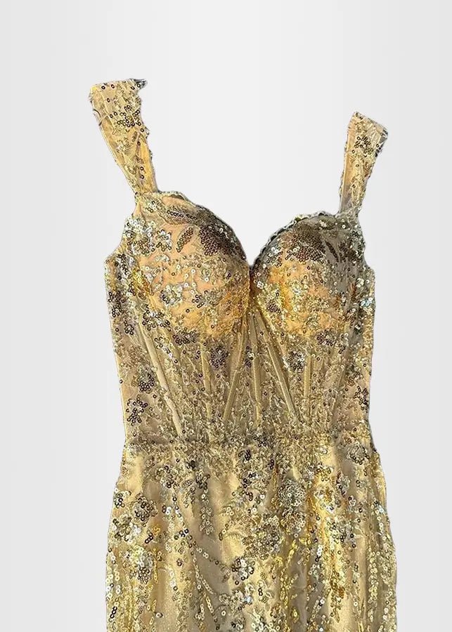 Hilary | Fuchsia Prom Dress Long Mermaid Off the Shoulder Sequins Corset with Slit - Gold - PromDressClub