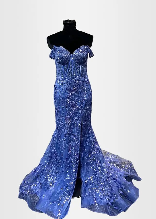 Hilary | Fuchsia Prom Dress Long Mermaid Off the Shoulder Sequins Corset with Slit - Navy Blue - PromDressClub