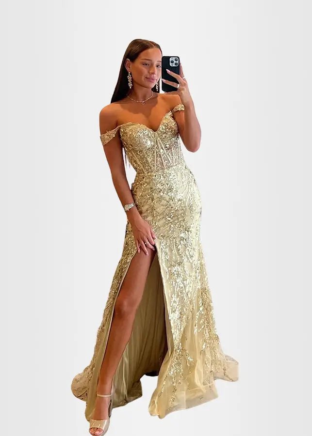 Hilary | Fuchsia Prom Dress Long Mermaid Off the Shoulder Sequins Corset with Slit - Gold - PromDressClub