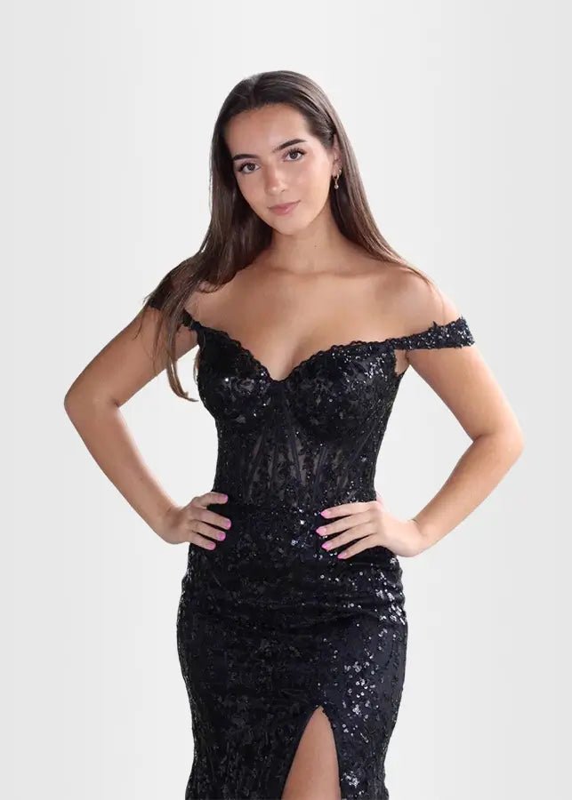 Hilary | Fuchsia Prom Dress Long Mermaid Off the Shoulder Sequins Corset with Slit - Black - PromDressClub