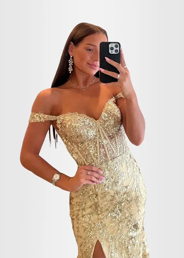 Hilary | Fuchsia Prom Dress Long Mermaid Off the Shoulder Sequins Corset with Slit - Black - PromDressClub