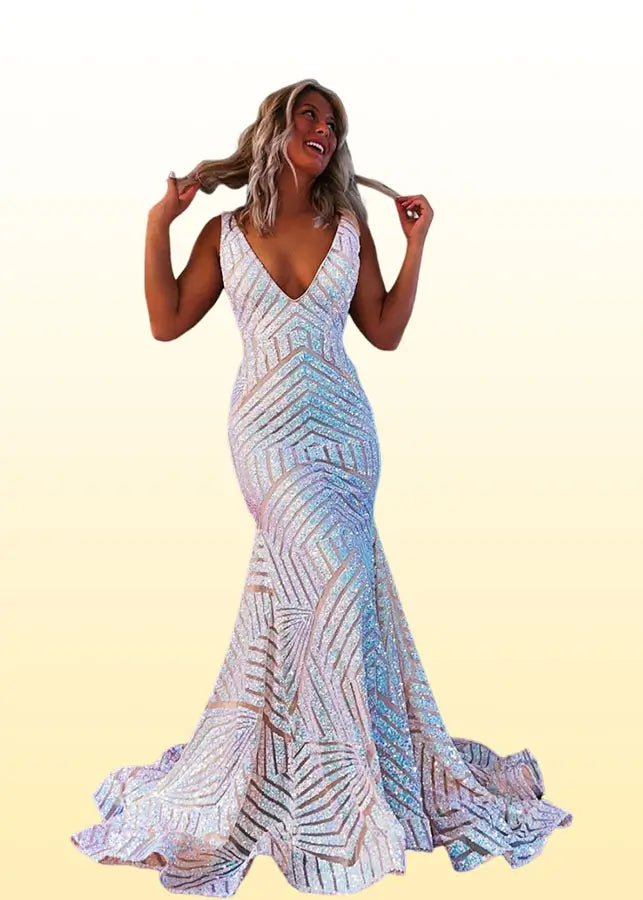 Hilda | Royal Blue Prom Dresses Long Trumpet V Neck Sweep Train Sequins - White - PromDressClub