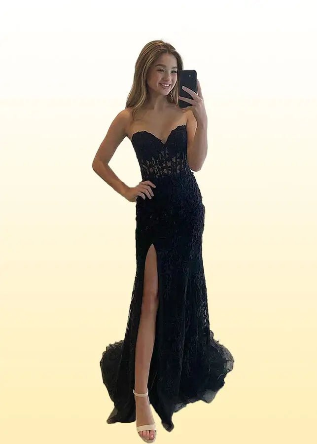 Edwina | Royal Blue Prom Dresses Long Mermaid Strapless Lace Corset with Slit - Black - PromDressClub